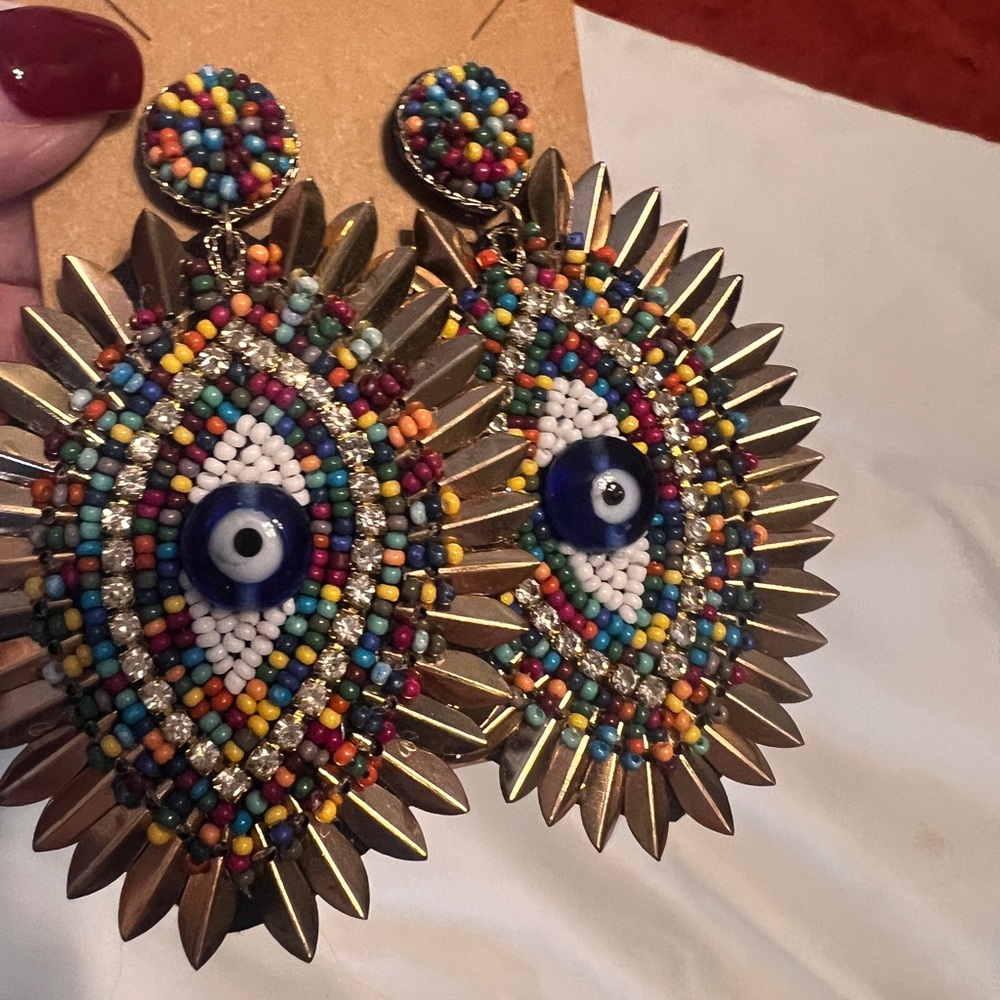 Boho Evil Eye 🧿 of protection Multicolor Beaded dangling Earrings w/Gold Accents